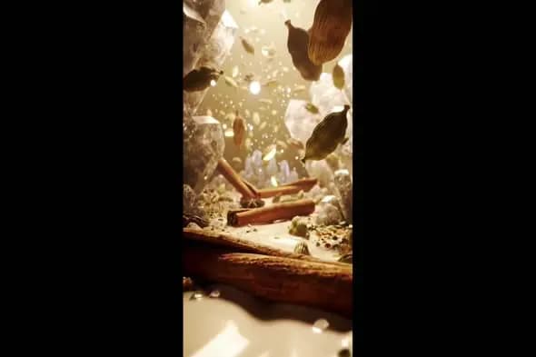Falling Spices and Cinnamon Sticks in Golden Light
