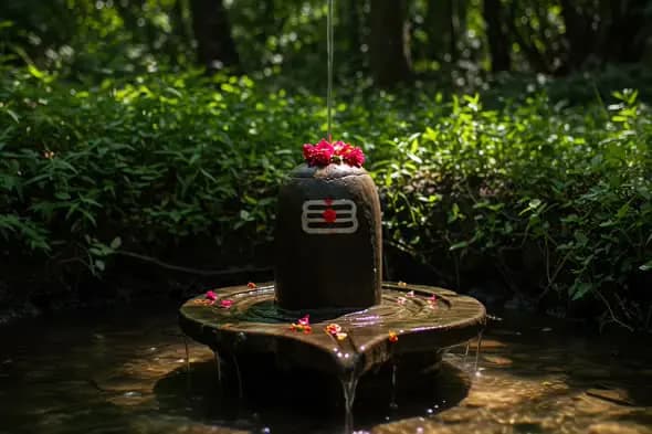 Shiva Lingam with Sacred Water and Flowers in Forest Stream