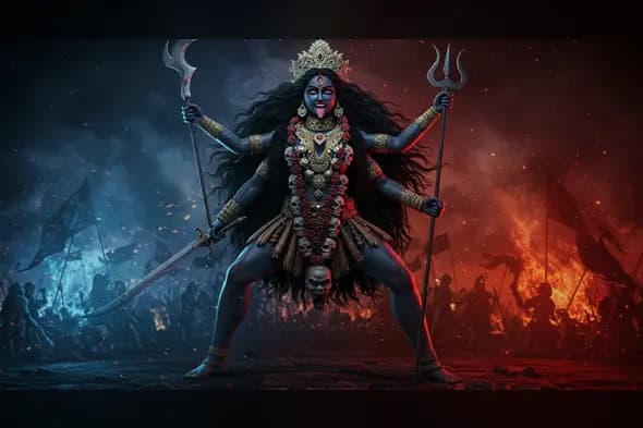 Goddess Kali-Inspired Fierce Warrior Woman with Trident and Skull Garland | AIClips Spiritual Thumbn