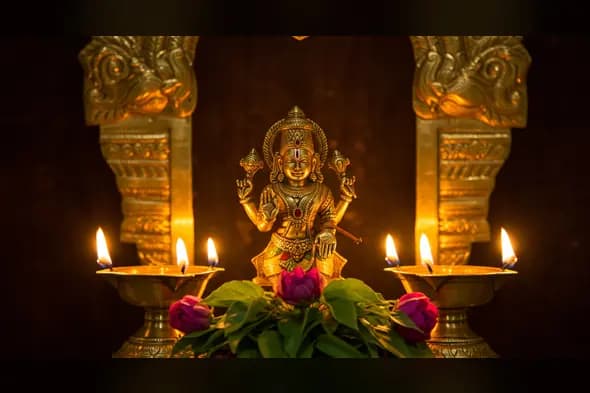 Golden Lakshmi Devi Idol with Deepams and Lotus Flowers | AIClips Indian Puja Decor