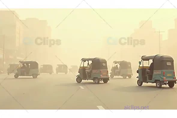 Auto Rickshaws on a Foggy Urban Street