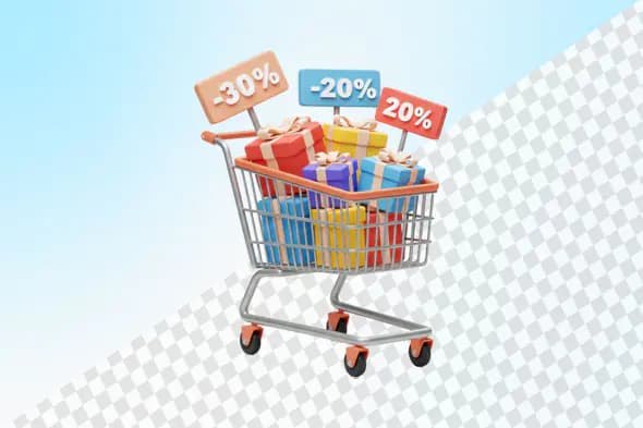 Shopping cart with colorful gifts and discount tags
