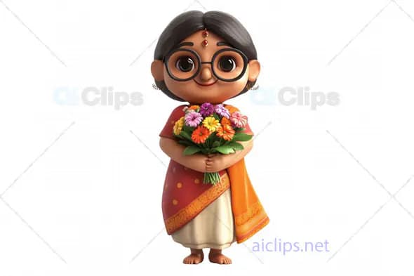 3D Indian Grandmother Avatar Holding Flowers