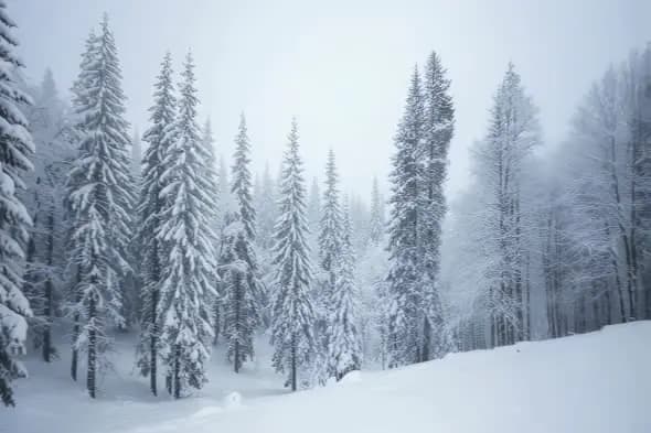 Frosty Pines Dominate Snowy Forest Landscape Scenery