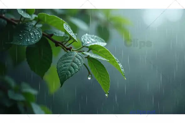 Rain-Drenched Green Leaves with Droplets