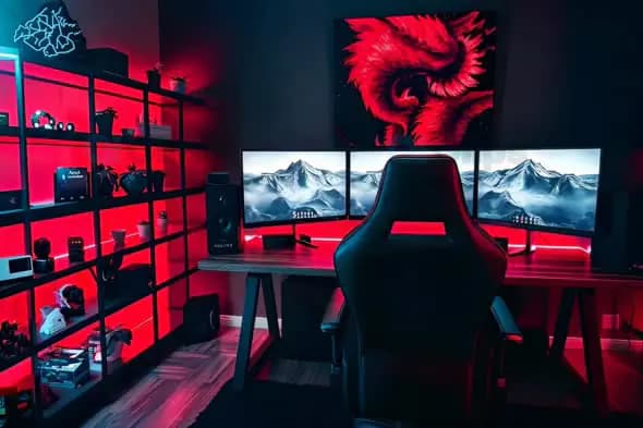 Futuristic Gaming Setup with Triple Monitors and Neon Lighting