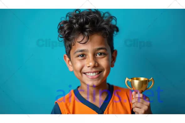 Happy Boy Holding Small Trophy