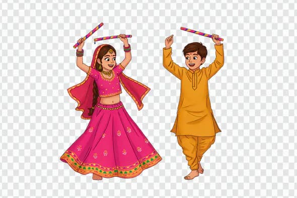 Joyful Children Playing Dandiya Dance with Sticks PNG