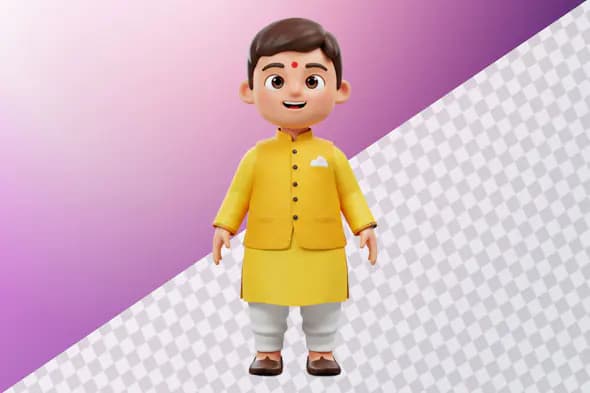 Smiling Indian boy 3D avatar yellow kurta traditional
