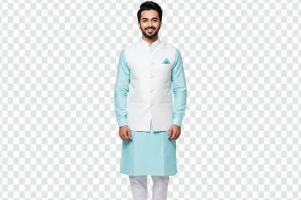 Smiling Man in White Nehru Jacket Turquoise Kurta PNG