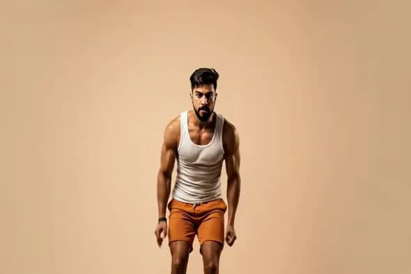 Athletic Model in White Tank Top and Orange Shorts on Beige Background