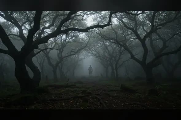 Shadowy Figure in Foggy Forest – Chilling Dark Woods Horror Background