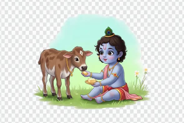Little Krishna Feeding Calf in Meadow PNG