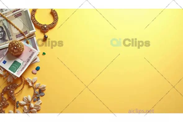 Indian Currency and Gold Jewelry on a Bright Yellow Background