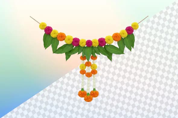 Colorful marigold garland with mango leaves and tassels