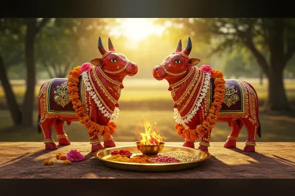 Sacred Bull Worship with Fire Ritual in Village Setting | AIClips Indian Festival Vibes