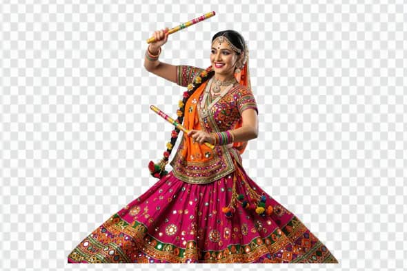 Vibrant Dandiya Dancer Twirling Traditional Indian Festive Outfit