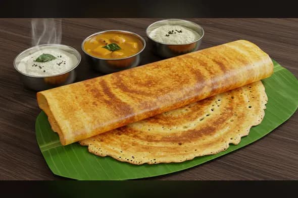 Plain Dosa with Chutney and Sambar on Banana Leaf | AIClips