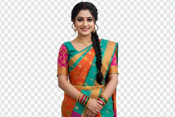 Smiling Woman in Vibrant Silk Saree PNG Clipart