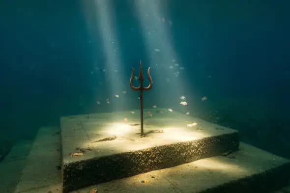 Submerged Trishul in Divine Light Underwater