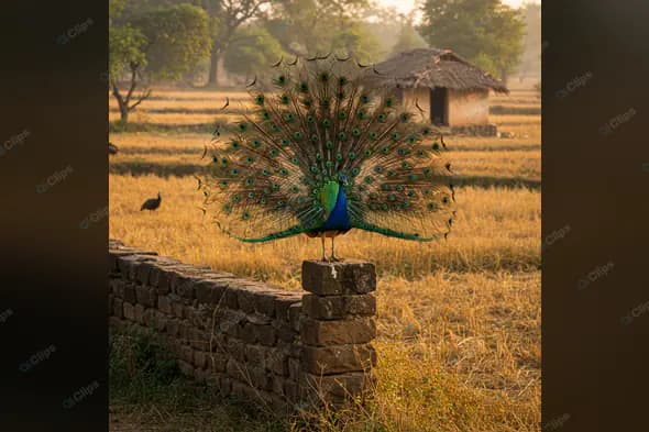 Majestic Peacock in Rural Indian Landscape