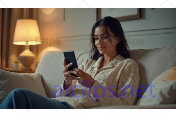 Woman Relaxing with Phone on Cozy Sofa