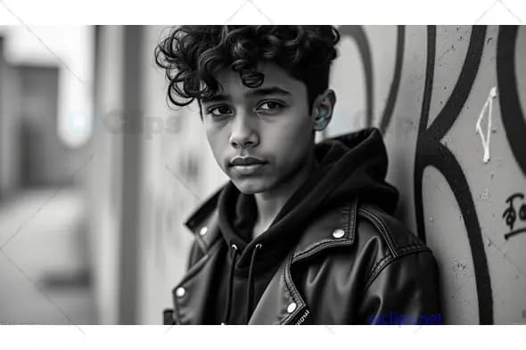Monochrome Portrait of a Young Man with Curly Hair in Urban Setting