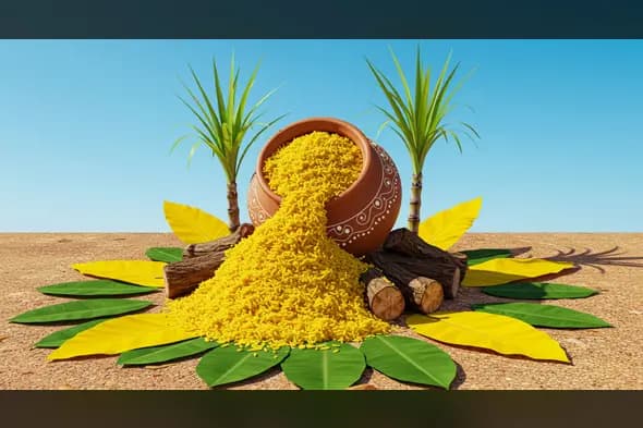 Pongal Festival Celebration with Pot of Sweet Rice, Sugarcane & Leaves | AIClips Harvest Theme Photo