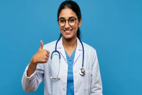 Smiling Indian Woman Doctor Giving Thumbs Up on Blue Background