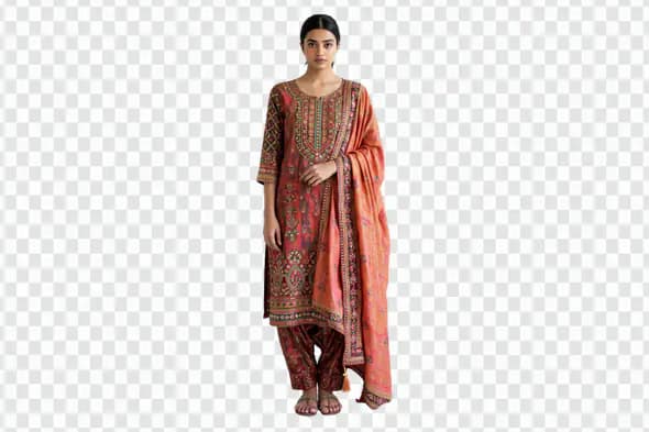 Elegant Woman in Embroidered Salwar Kameez PNG Clipart