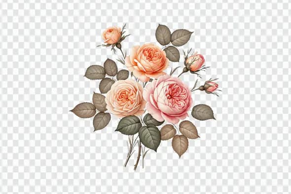 Vintage Peach Rose Bunch Botanical Illustration PNG