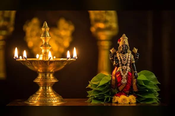 Lakshmi Devi Idol with Deepam and Betel Leaves | AIClips Indian Temple Decor