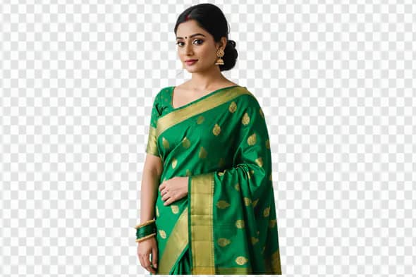 Elegant Green Silk Saree with Gold Motifs PNG