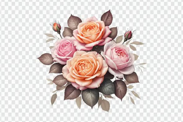 Elegant Peach and Pink Roses Bouquet PNG