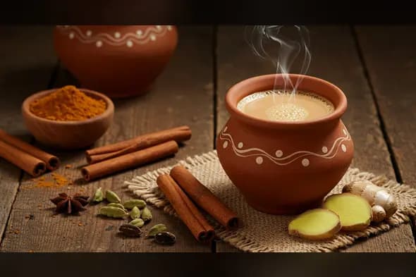 Steaming Masala Chai in Clay Kulhad with Spices | Indian Tea Aesthetic | AIClips