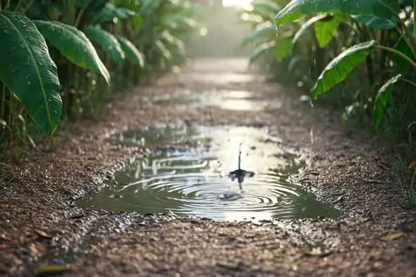 Rainy Path with Water Puddle in Nature