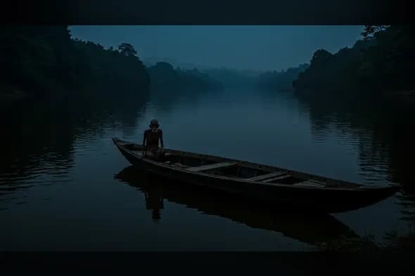 Ghostly Boatman on a Dark River – Horror Night Visual
