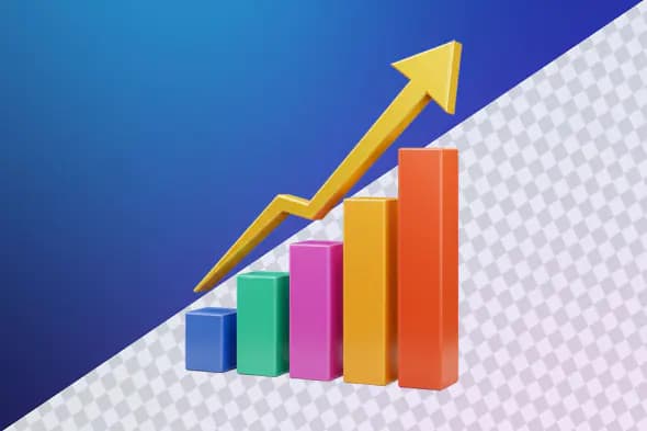 Colorful bar chart with upward trending arrow