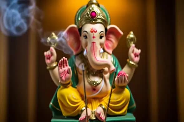 Peaceful Ganesha Idol with Rising Incense Smoke for Spiritual and Devotional Use