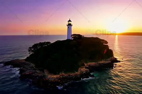 Sunset Aerial View of Lighthouse on a Small Island