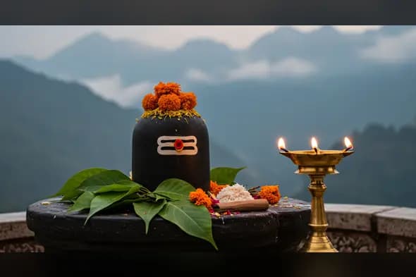Shiva Lingam Worship with Brass Diya and Misty Mountain View | AIClips Devotional Stock
