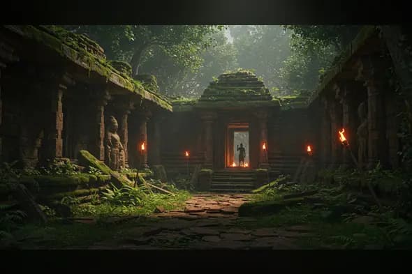Ancient Jungle Temple Ruins with Fire Torches and Mysterious Figure