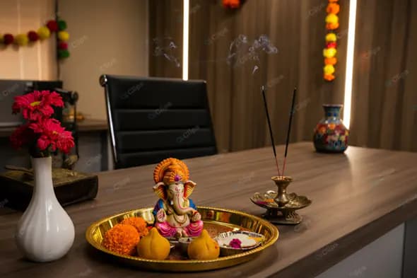 Vibrant Ganesh Puja Home Office Setup