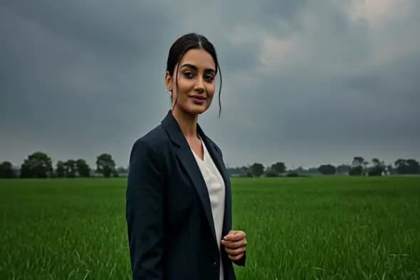 Confident Indian Woman in Formal Suit Standing in Green Agricultural Field