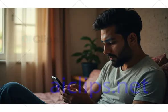 Man Using Smartphone in Cozy Bedroom