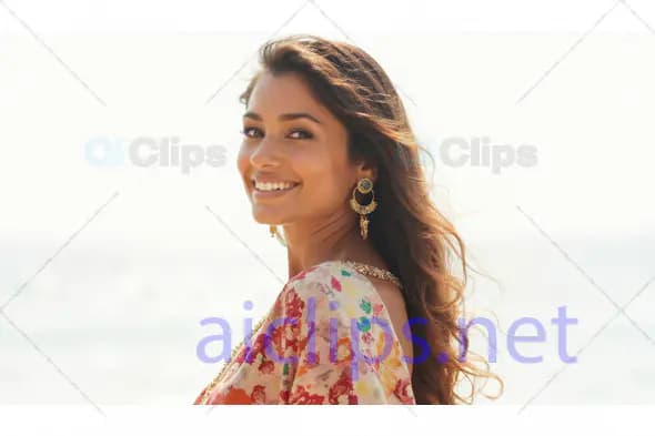 Woman in Floral Dress Smiling by the Sea