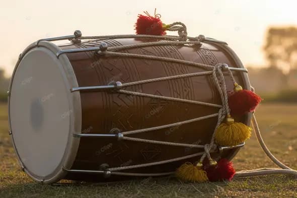 Traditional Dhol Drum Resting at Sunrise