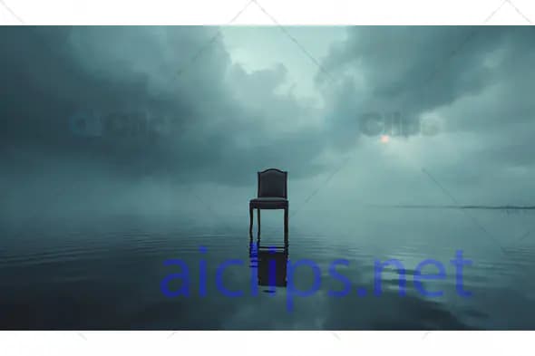 Chair on Still Water Under Dark Clouds