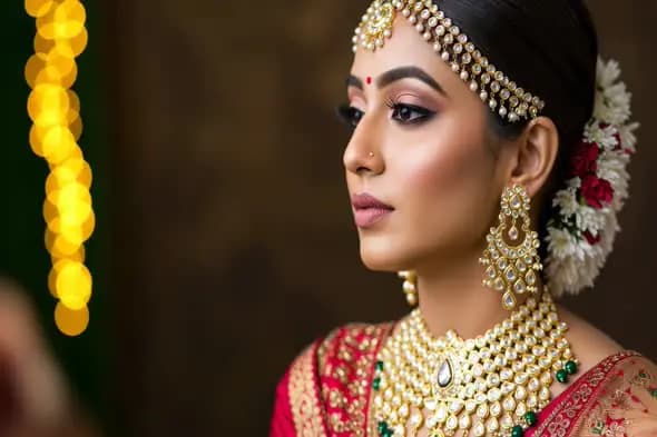 Indian Bride in Traditional Red Lehenga with Heavy Gold Jewelry