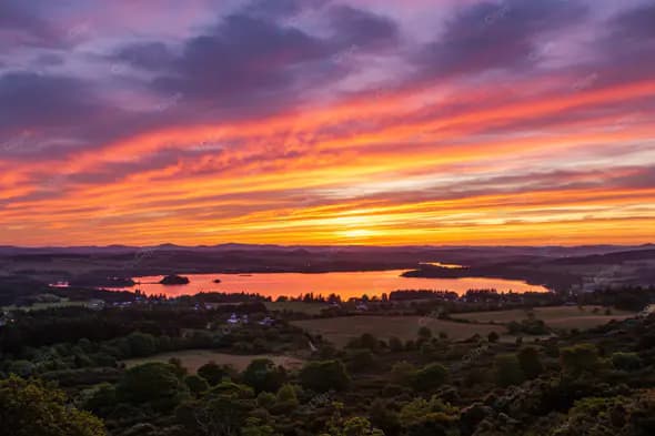 Fiery Lakeside Twilight Panorama